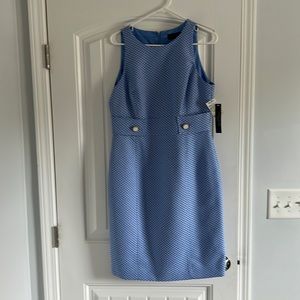 Carolina blue with white dot shift dress with decorative buttons.